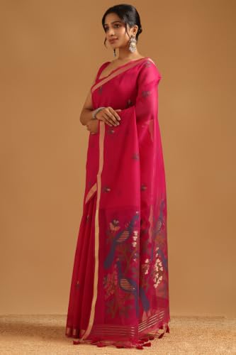 Soch Womens Fuchsia Chanderi Bird Motifs Zari Woven Saree