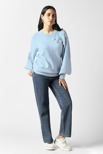 Women Light Blue Embroidered Round Neck Sweater