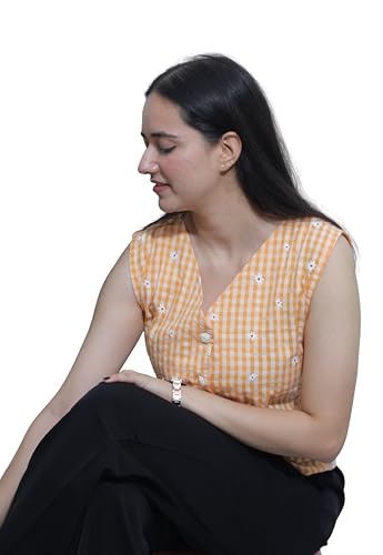 House of Sifar Gingham Waistcoat, Yellow, Sleeveless (XS)