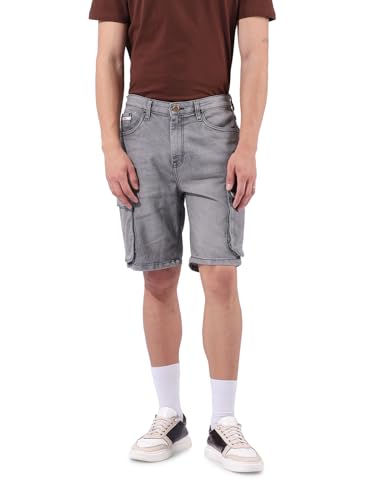 The Indian Garage Co Men Relaxed Fit Printed Mid Rise Denim Shorts (Grey_32)