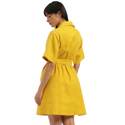 UNITED COLORS OF BENETTON Shirt Collar Solid A-Line Dress (Size: S)-25P4WVNDR150I901 Yellow