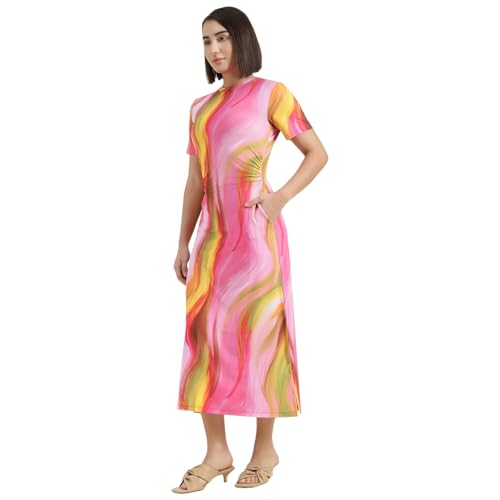 United Colors of Benetton Round Neck Swirl Print Dress (Size : S) - 26P3099W3950I901 Multicolour