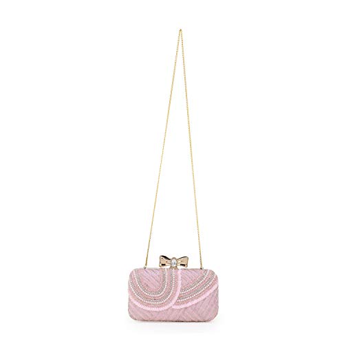 Anekaant Adorn Baby Pink & White Embellished Faux Silk Clutch