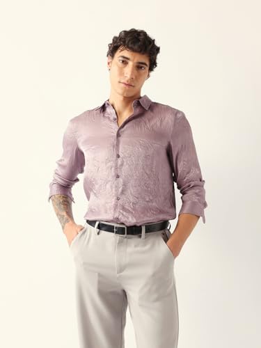 THE BEAR HOUSE Men Solid Crinkle Textured Regular Fit Shirt Purple