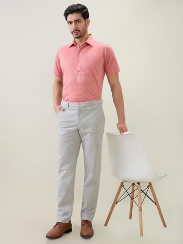 Raymond Men Regular Fit Solid Chambray Pattern Pure Cotton Semi Cutaway Collar Half Sleeve Formal Shirt