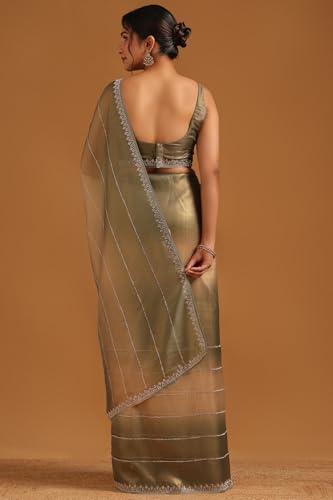 Soch Womens Green Tissue Ombre Saree With Stone Work