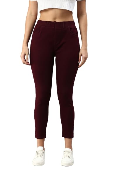 De Moza Women Jegging Woven Bottom Solid Cotton Wine