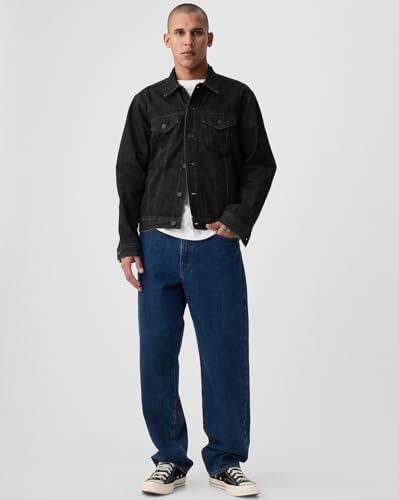 Men Lightly Washed Denim Jacket, Black, XL
