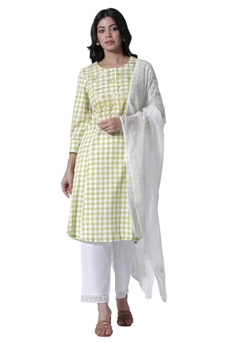 W for Woman White & Green Checker Cotton Kurta, Pants with Dupatta Set_24ONWS11009-313972_S