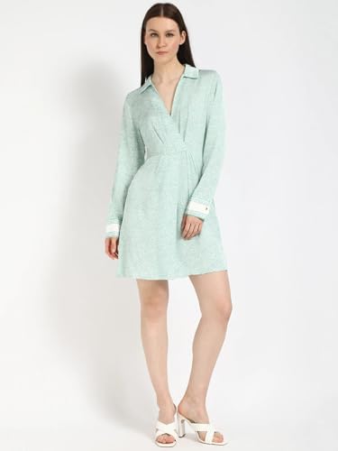 Viscose Spread Collar A-Line Dress Green