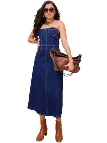 Sassafras Women Navy Blue Denim Wash Tube Dress-XL