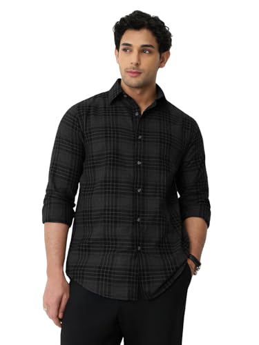 The Souled Store: Phantom Men and Boys Long Sleeve Spread Collar Black Plaid Cotton Blend Lightweight Easy to Style Everyday Office Wear Casual Regular Shirt