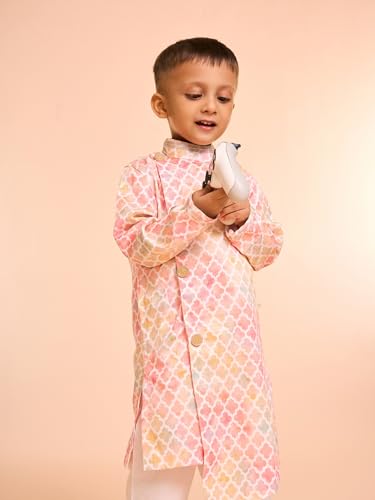 Manyavar Boys Satin Printed Kurta Pyjama Set (Peach,8-10Y)