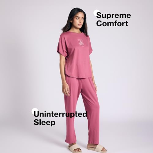 NYKD by Nykaa Buttery Soft Modal Cotton Pyjama Coord Set of 2 with Round Neck Graphic Tee Nys932