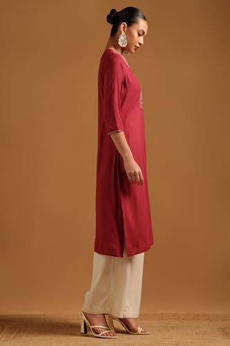 Soch Womens Onion Pink Rayon Embroidered Kurta with Thread Work