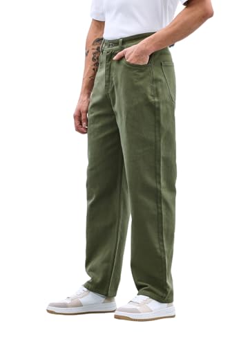 SNITCH Men Jeans | Relaxed Baggy Fit Wide-Leg Design | Durable 100% Cotton Woven Fabric with Light Fading | Perfect for Casual & Street Wear |Olive