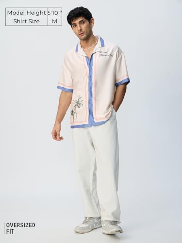 The Souled Store Hawaiian Shirt: State of Mind Men and Boys Short Sleeves Collared Neck Printed Polyester Lightweight Wrinkle-Resistant Oversized Holiday Shirt