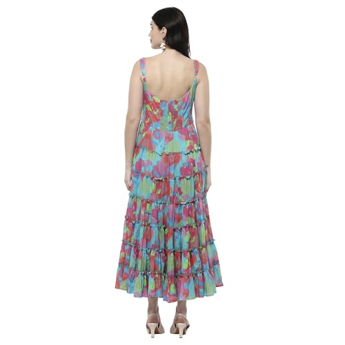 Biba Women's Cotton Tiered Floor Length Dress (POPPLAY2850SS25TUR_Turquoise