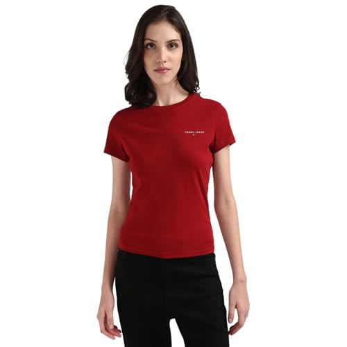 Tommy Hilfiger Red Cotton Solid Women Slim Fit T-Shirt