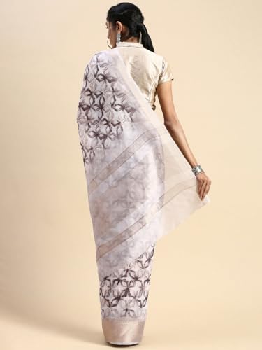 RAMRAJ Semi Linen Flower Print Light Grey Colour Semi Linen Saree(Grey;OS)