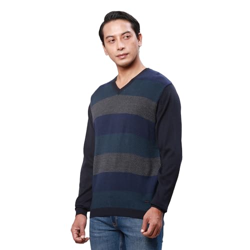 Park Avenue Men's Regular Fit Acrylic Wool Blend Full Sleeve V Neck Stripe Pattern Fancy Blue Casual Sweater (Size: XS)-PCWA00268-B9