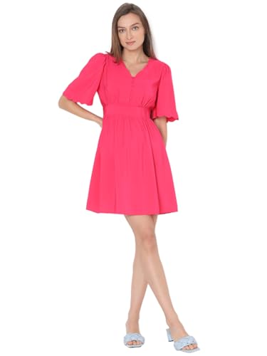 VERO MODA Women Solid Pink Viscose Above Knee Length Fit and Flare Dress