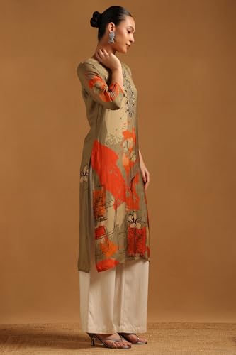 Soch Womens Olive Muslin Floral Print Kurta with Beads