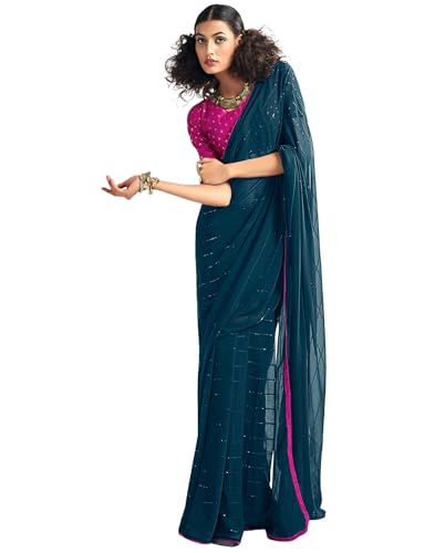 SIRIL Women's Georgette Sequence Work Saree Saree With Unstitched Blouse Piece (3475S705_Blue)
