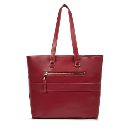 Caprese Macie 16 Inch Large Laptop Compatible Tote Bag for Women | Textured Faux Leather Shoulder Bag with Trolley Sleeve & Zipper Closure | Stylish Office, Work, Travel Handbag (Cherry Lacquer)