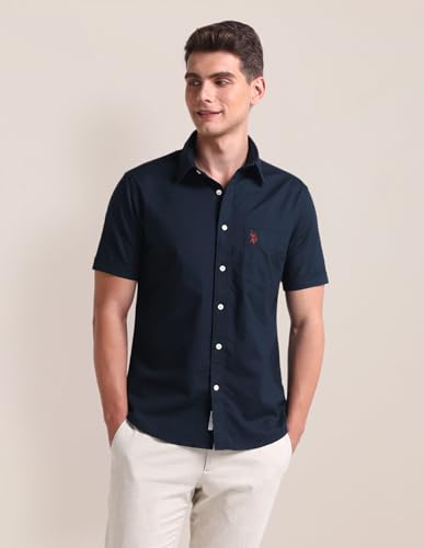 U.S. POLO ASSN. Mens Half Sleeve Oxford Stretch Shirts (USSHTC0046H_Navy_L)
