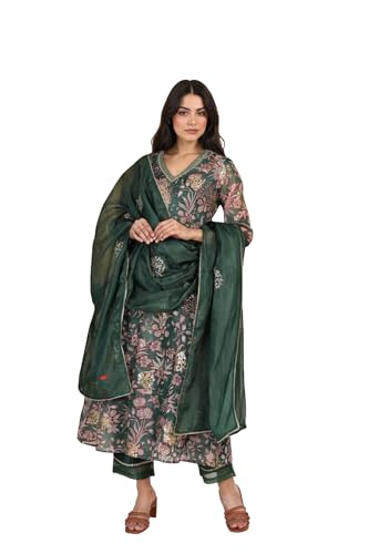 W for Woman Floral Printed Metallic Embroidered Flared Kota Doria Kurta with Pant and Dupatta Set - Green (WS13278-126619-3XL)
