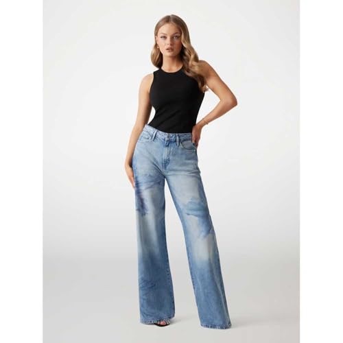 GUESS Women's Blue Printed Mid-Rise Wide Leg Jeans