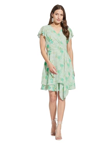 Latin Quarters Women Green V-Neck Half Sleeves Printed Above Knee A-Line Dress for Casual Wear_S