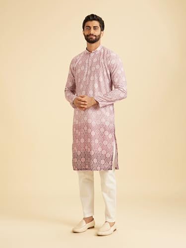 Manyavar Men's Cotton Blend Circular Bandhani Prints Kurta Pyjama Set (Pink,XXXL)