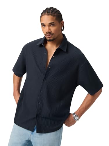 The Souled Store Textured Shirt: Blue Iris Men and Boys Short Sleeve Spread Collar Navy Blue Solid Cotton Blend Lightweight Drop Shoulder Streetwear Trendy Oversized Shirt