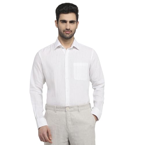 Raymond Men Contemporary Fit Stripe Pattern Pure Linen Semicutaway Collar Full Sleeve Apple Cut Formal Shirt White