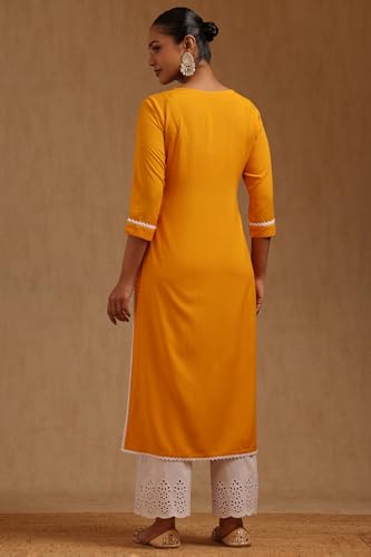 Soch Womens Mustard Rayon Ethnic Motifs Embroidered Kurta