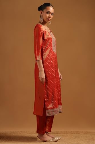 Soch Womens Rust Tissue Woven Design Kurta Set With Thread Work