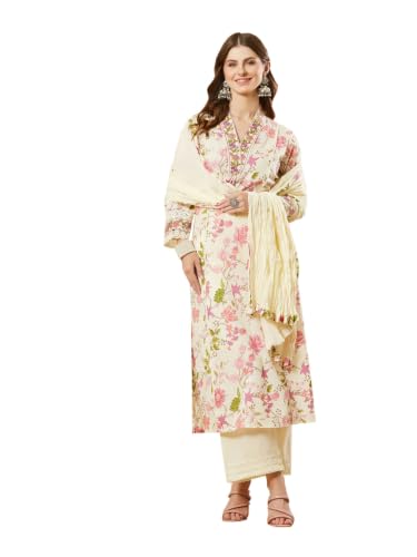 Divena White Cotton Floral Kurta Sets With Dupatta