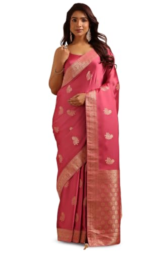 Soch Womens Onion Pink Satin Botanical Zari Woven Saree