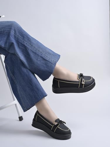Shoetopia Women’s Black Platform Loafers || Stylish Slip-On Casual Shoes with Metal Detail || Comfortable Everyday Footwear EU39