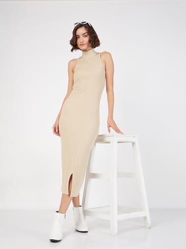 SASSAFRAS Women Beige Rib Turtle Neck Sleeveless Midi Dress -S