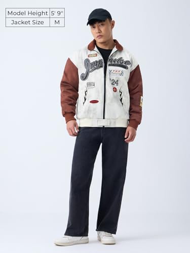 The Souled Store Racer Jacket: Impulse Men and Boys Full Sleeves Spread Collar White Graphic Printed Polyester Regular Fit Lightweight Winter Racer Jacket