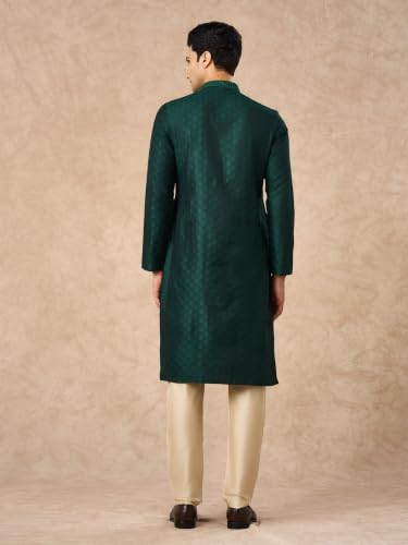 Manyavar Men's Art Silk Self-Textured Knee-Length Kurta Pyjama Set (Dark Green,XXL)