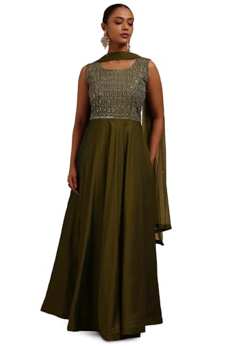 Soch Womens Olive Silk Embroidered Gown with Cutdana