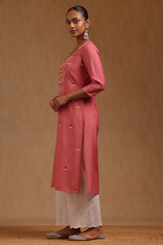 Soch Womens Pink Roman Silk Floral Chikankari Embroidered Kurta