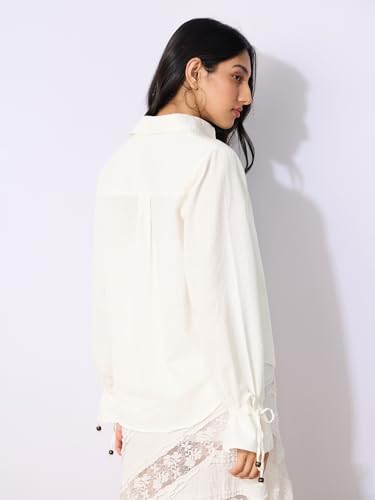 The Souled Store Cotton Linen: Ivory Women and Girls Long Sleeves Collared Neck Button Front Solid Regular Fit Cotton Linen Shirts