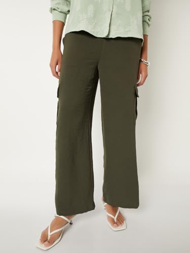 Max Women Solid Wide Leg Cargos (Green_M)