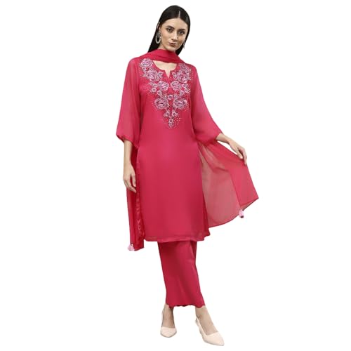 Biba Women Fuchsia Embroidered Straight Suit Set_38