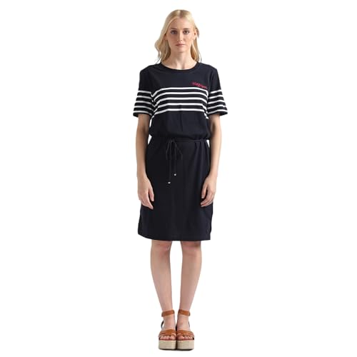 Tommy Hilfiger Cotton Navy Striped Round Neck Short Sleeves Women T-Shirt Dress (L)